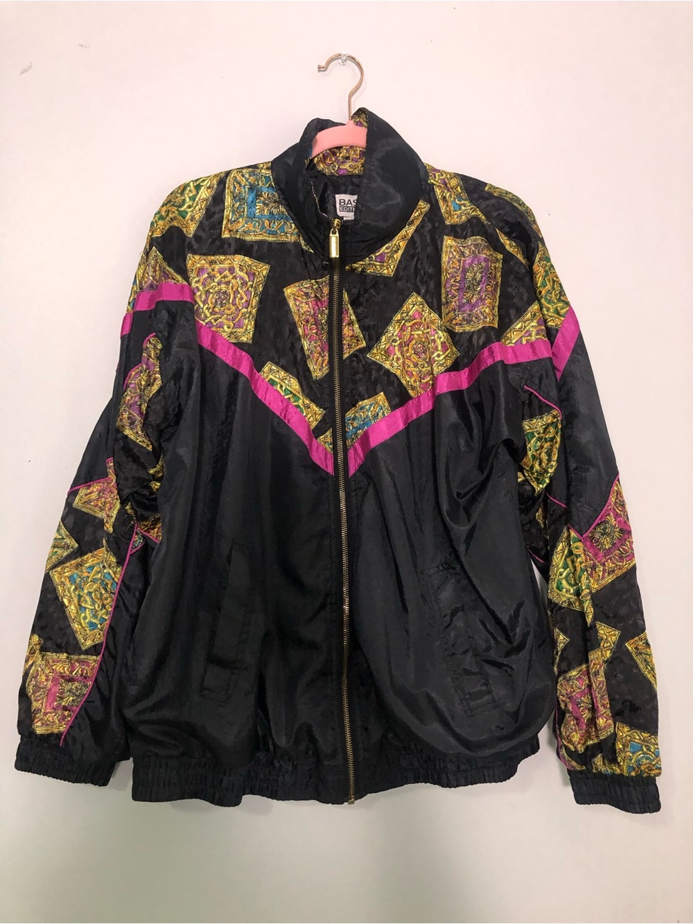Vintage Basic Editions Black Bomber Jacket with Pink and Gold Pattern